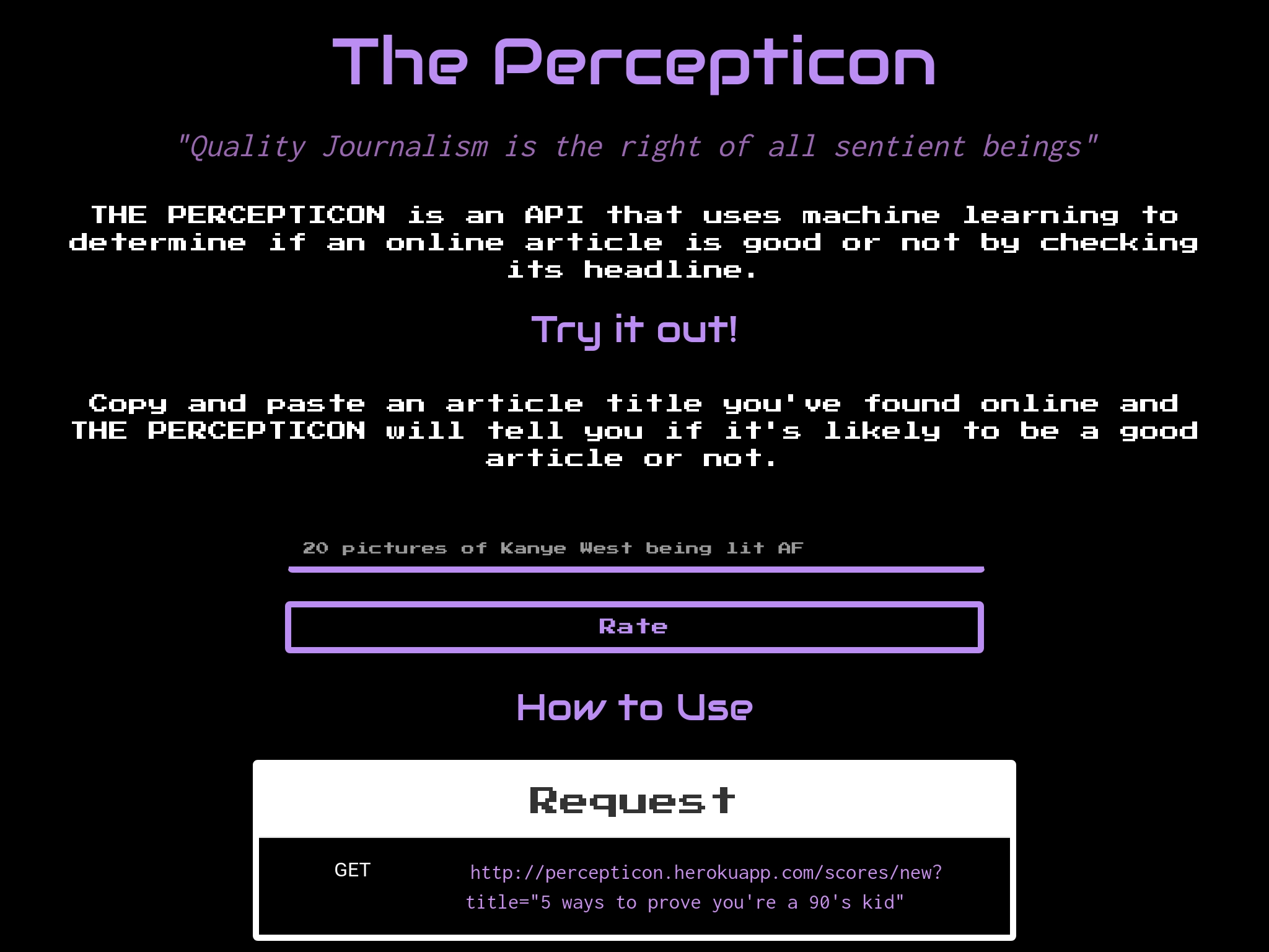 A screenshot of the The PERCEPTICON website
